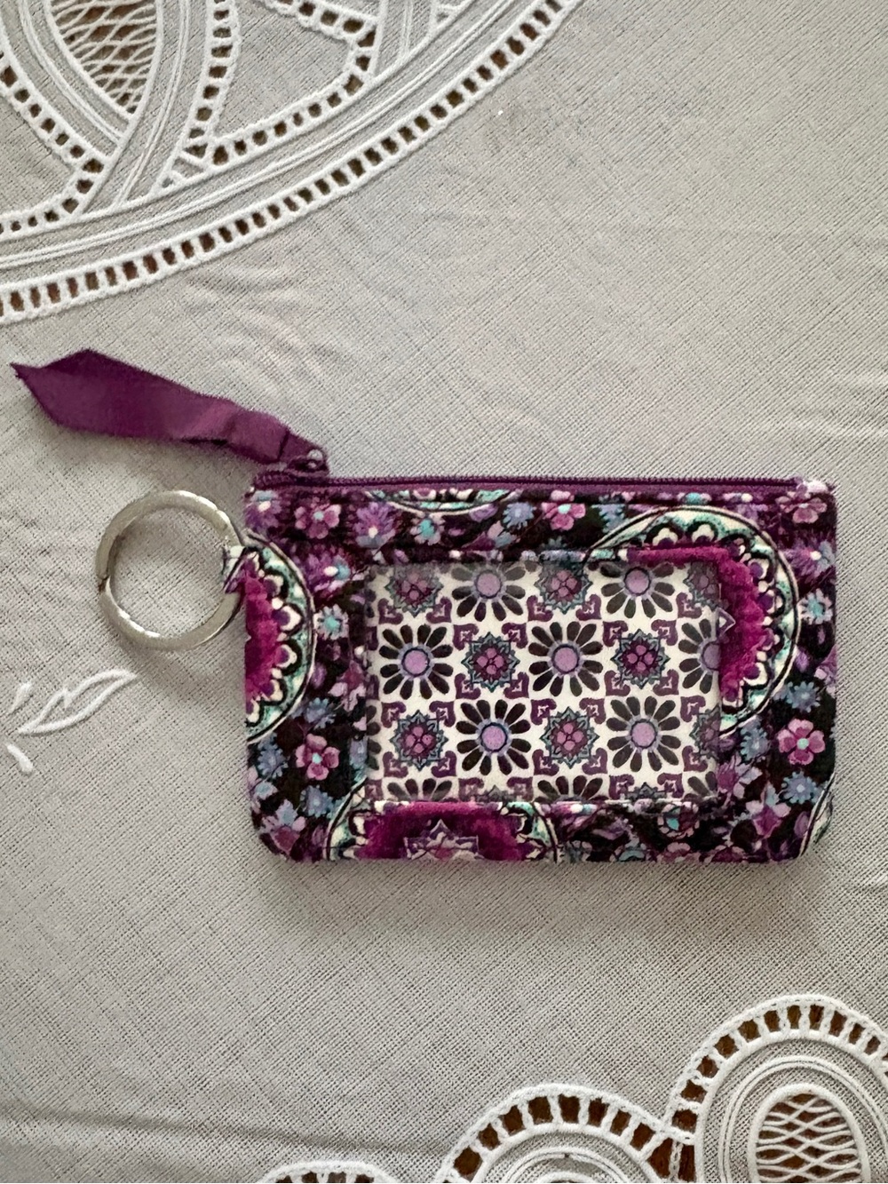 Vera Bradley Floral Quilted Purple Card Holder Keychain Wallet